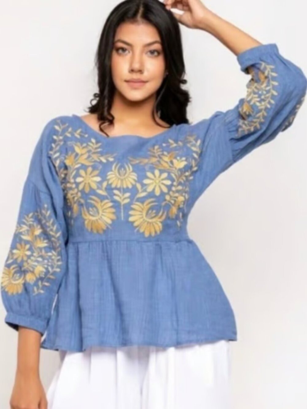 Sundance Chantira Embroidered Boho Peasant Top Size XS Flowy Balloon Sleeve EUC